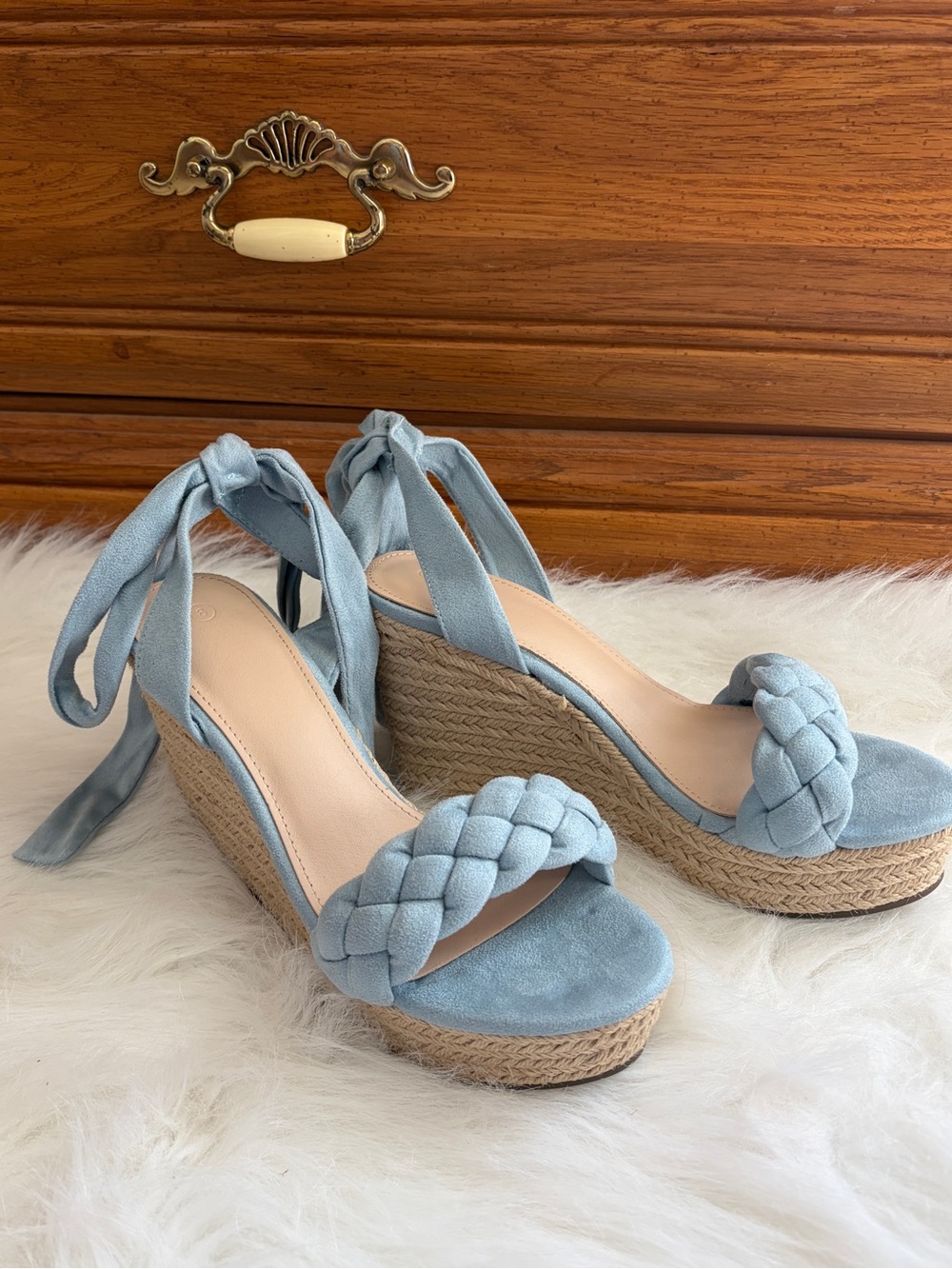 Light Blue Braided Espadrille Wedge Sandals with Ankle Tie Size 8